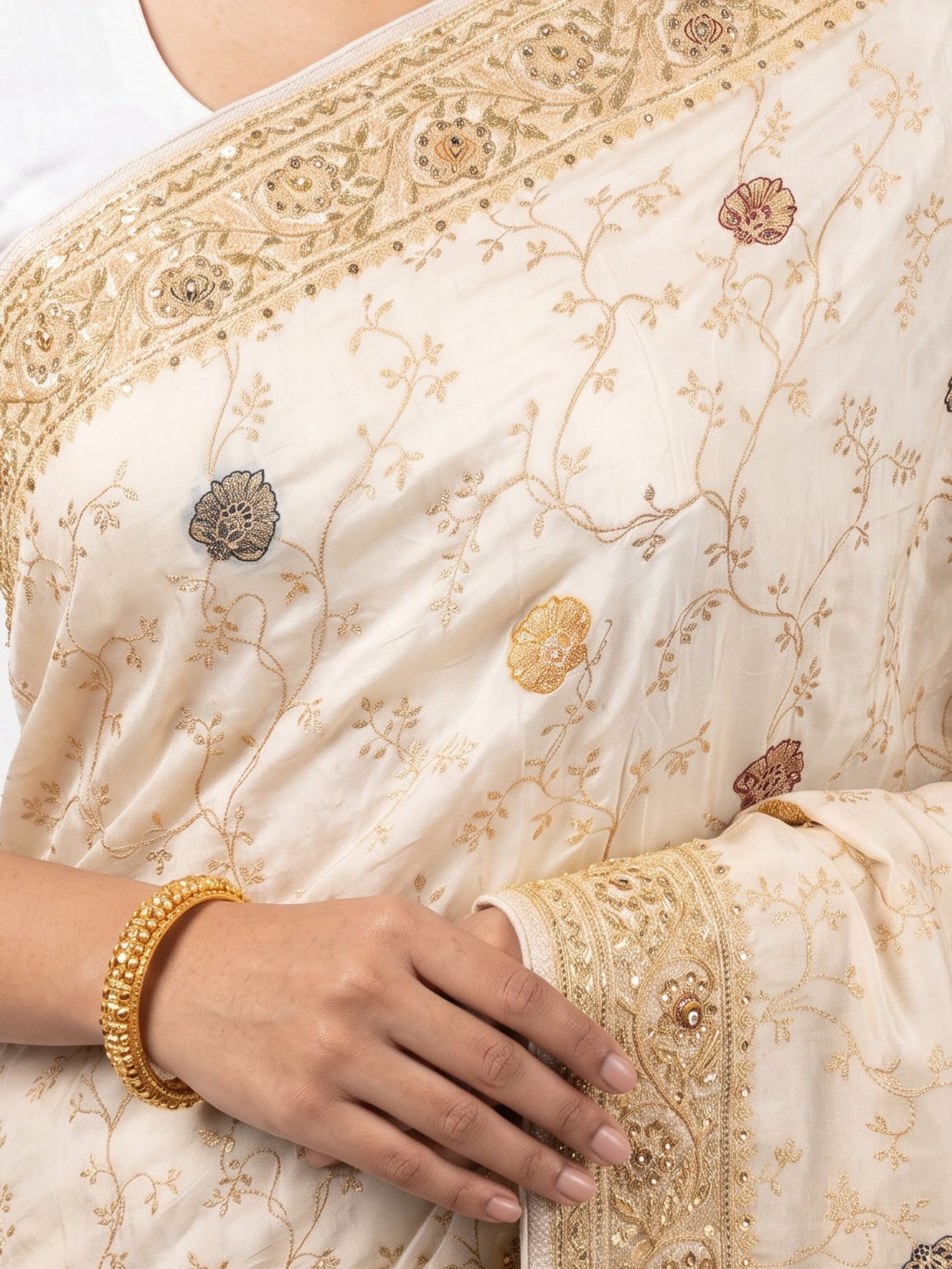 Ivory Silk Unstitched Saree Embellished With Sequins, Cutdana, Zarkan, Dabka & Stone Work